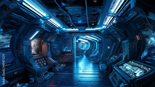 Futuristic space station or spaceship interior corridor. Science fiction concept 3D rendering. © Mamun