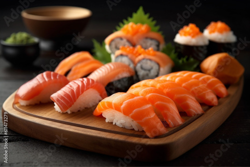 fish japan sushi roll set food meal seafood rice japanese. Generative AI.