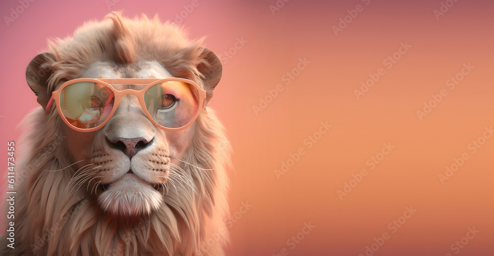 Creative animal concept. Lion in sunglass shade glasses isolated on solid pastel background, commercial, editorial advertisement, surreal surrealism. 