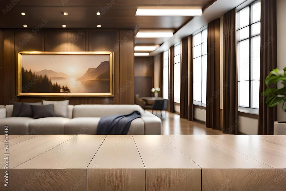 Fototapeta premium a blurred luxury lounge backdrop with bokeh, while a granite table adds elegance to the scene