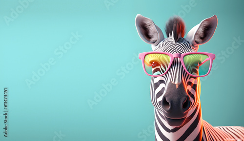 Creative animal concept. Zebra in sunglass shade glasses isolated on solid pastel background  commercial  editorial advertisement  surreal surrealism.