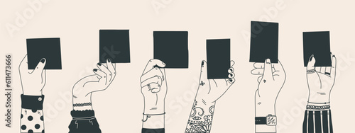 Female hands holding cards or pieces of paper. Vector monochrome illustrator for design.