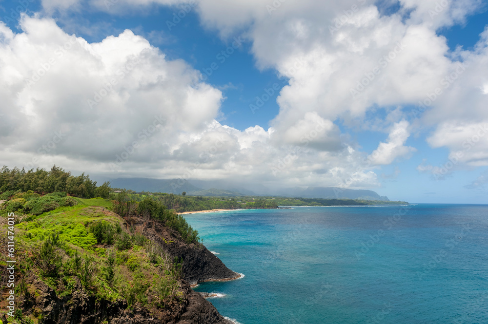 Fototapeta premium View of the North Shore on the Island of Kauai, Hawaii. One of the most popular resort areas is located on the north shore of Kauai including Princeville. The Pacific Ocean is the star of this area.