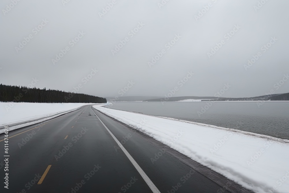 car driving on a snowy road next to a frozen lake. Generative AI