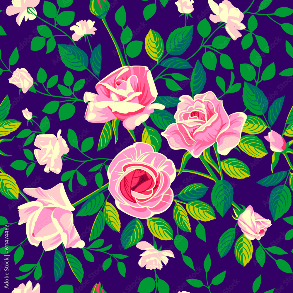 Hand drawn seamless pattern with beautiful garden flowers and leaves on dark violet background. Vector illustration, retro style.