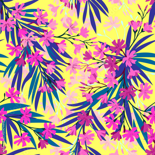 Hand drawn seamless pattern with beautiful garden flowers on bright canary background. Vector illustration, retro style.