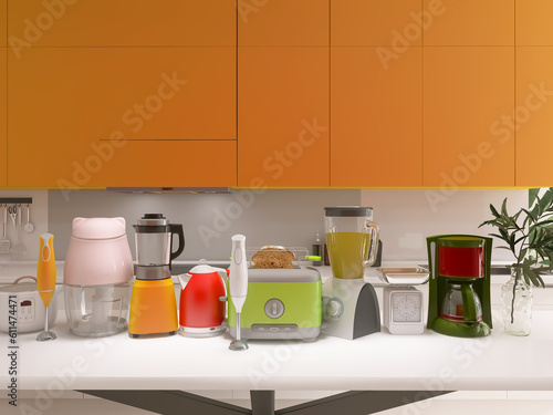Kitchen with appliances 3d render, 3d illustration