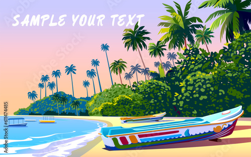Tropical Beach Island Landscape. Handmade drawing vector illustration. Retro style travel poster design.