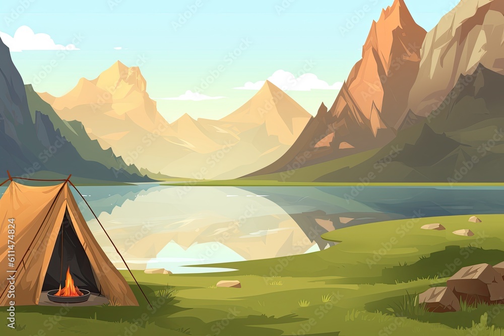 serene camping experience with a picturesque mountain and lake view. Generative AI