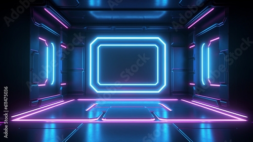Future AI gaming stage design with neon light sports 