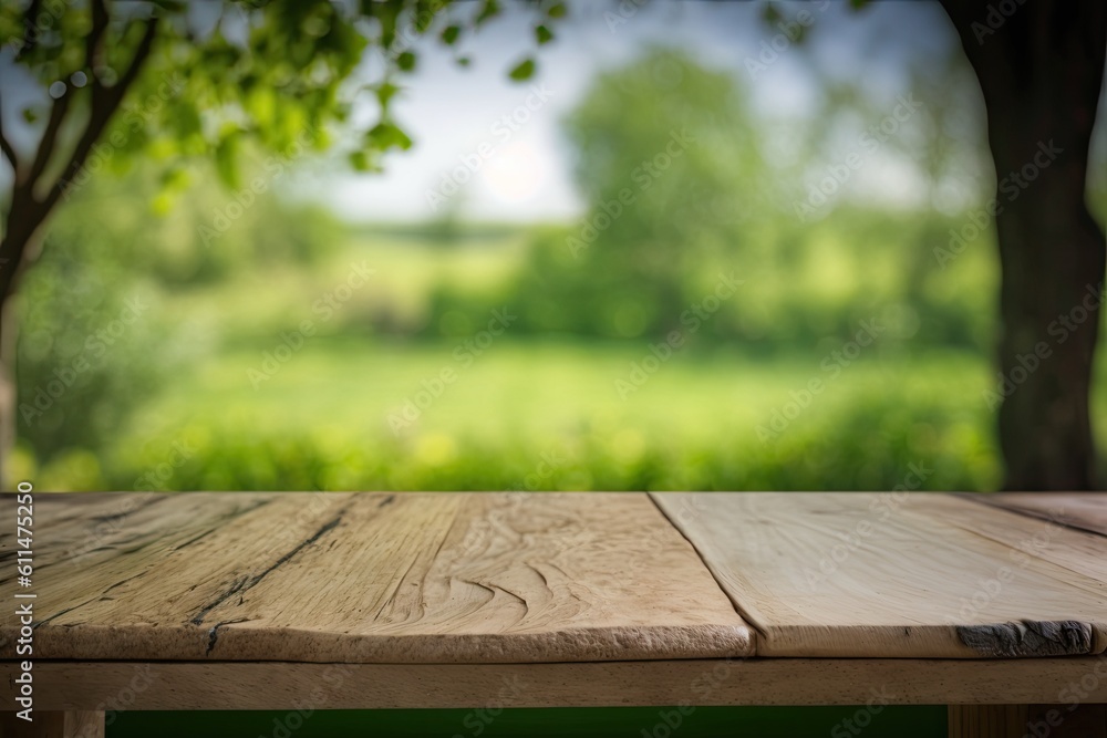 For a catering or food backdrop with a rural outside atmosphere, use an empty wooden table with garden bokeh. Generative AI