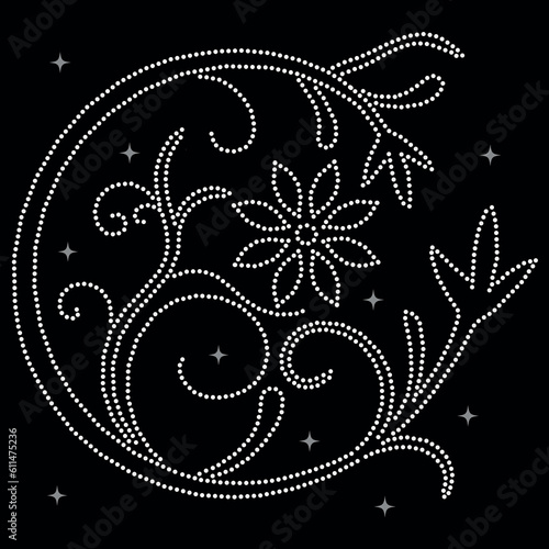 moonRhinestone,Flowers Rhinestone,moon floral,Rhinestonefloral,Transfers Ideas ,full, illustration.background. hand drawn style. You can use it as a bead embroidery, glitter or foil fashion,with colla