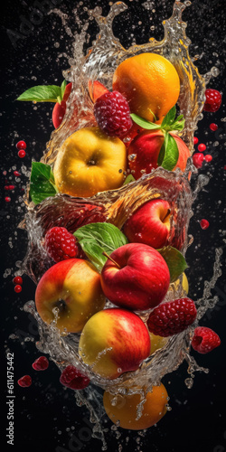 Variety of Fruits falling into the water with splashing