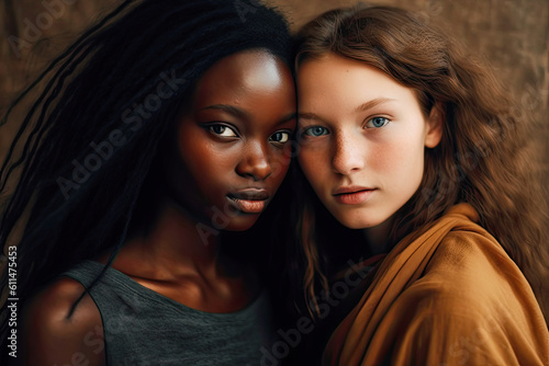 generative ai illustration of two teenagers friends, one girl is light skinned, the other one is dark skinned
