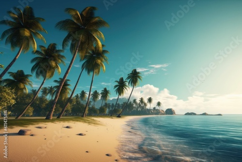 Scenic Tropical Beach with Palm Trees. Generative AI