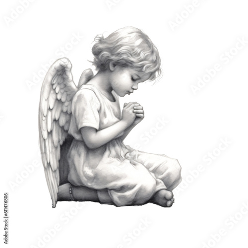 small cute angel kneeling at pray isolated against transparent in black and white