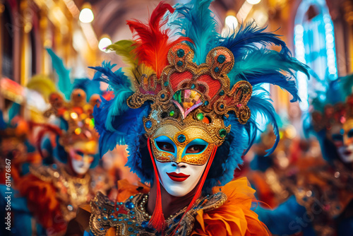Fototapete woman in a painted colorful carnival mask generative ai