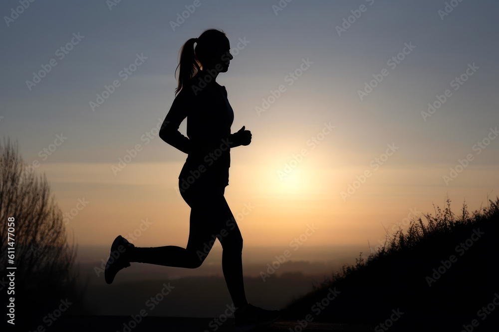 silhouette of a running girl on the background of the evening sunset generative ai