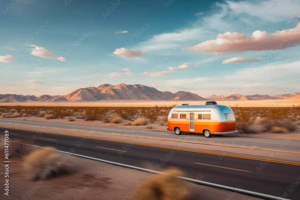 motorhome car travel on desert road generative ai