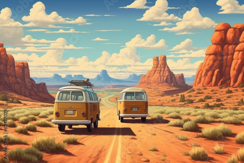 small van travels on a road through the desert in the wild west in the USA, created with Generative AI Technology