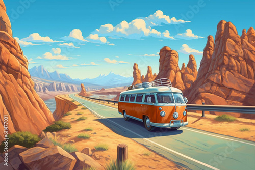 small van travels on a road through the desert in the wild west in the USA, created with Generative AI Technology photo