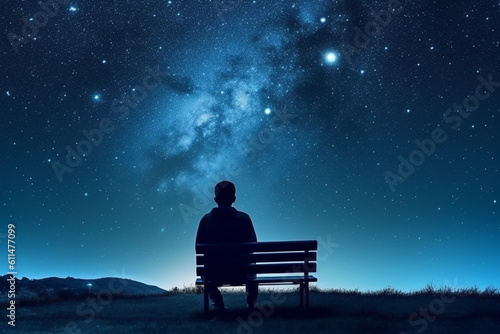 Mna sits on bench with clear sky view on milyway at night, created with Generative AI Technology