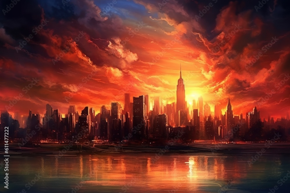 Stunning Sunset Over City Skyline. Generative AI