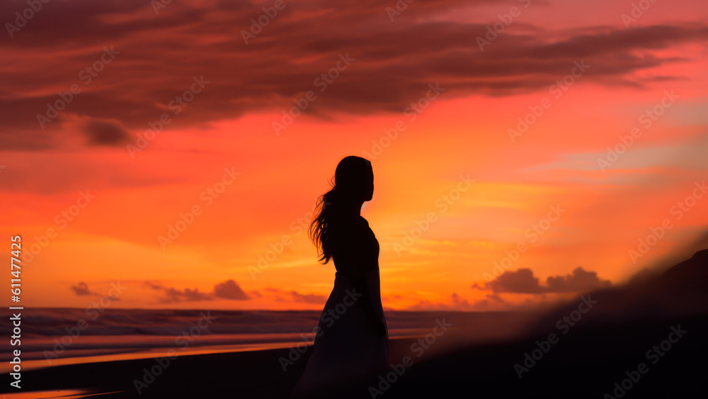 silhouette of a girl on the background of the sea sunset sky generative ai