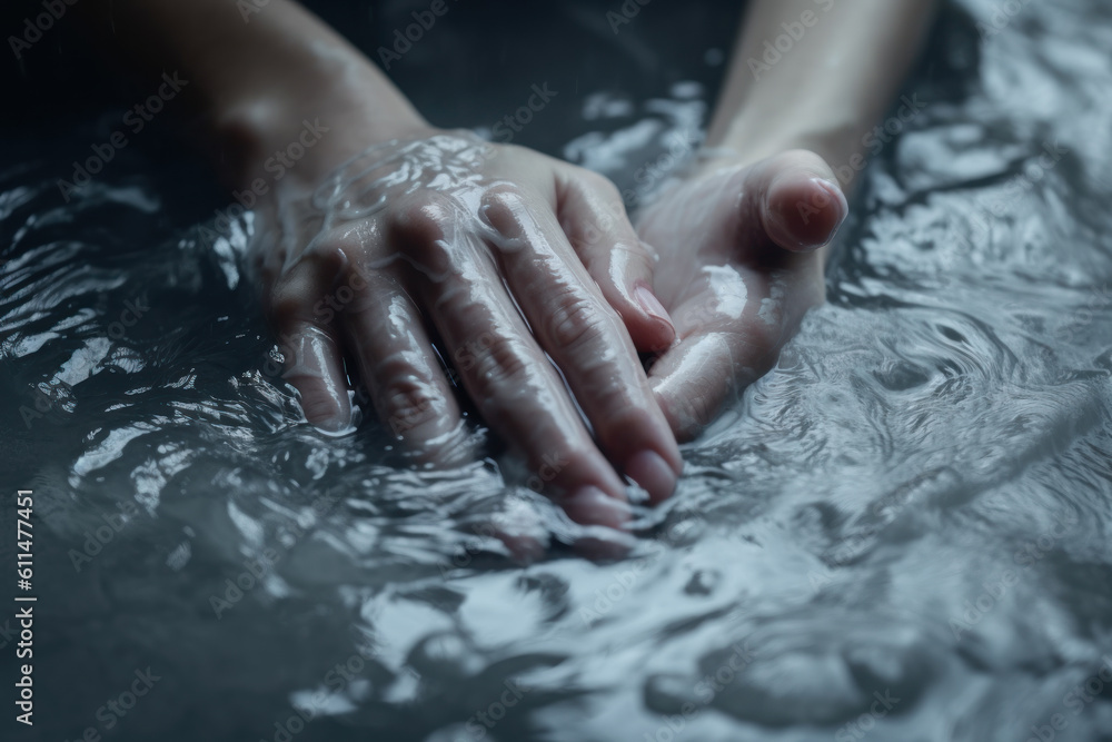 Fototapeta premium female wash hands in water, beauty care hygiene generative ai