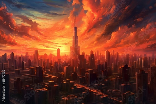 Stunning Sunset Over City Skyline. Generative AI © nadunprabodana