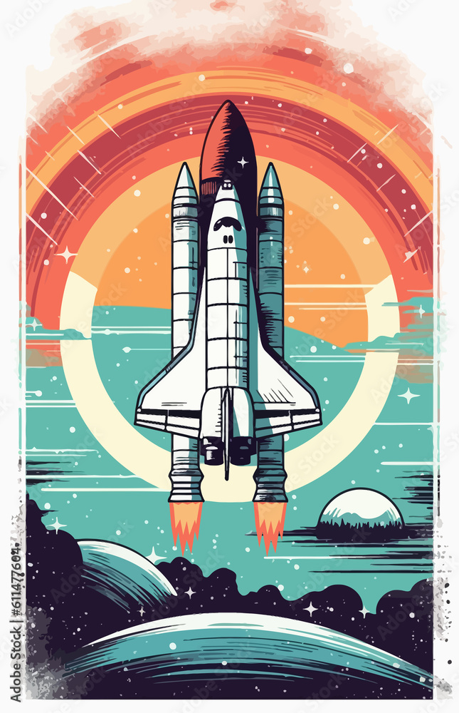 Obraz premium Space rocket launch. Retro style poster.