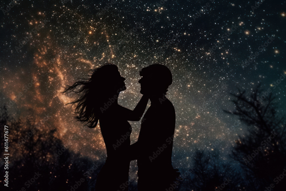 silhouettes of a couple in love against the background of the starry sky generative ai