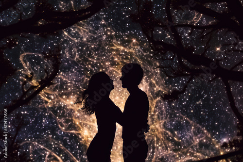 silhouettes of a couple in love against the background of the starry sky generative ai