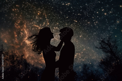 silhouettes of a couple in love against the background of the starry sky generative ai © Poter