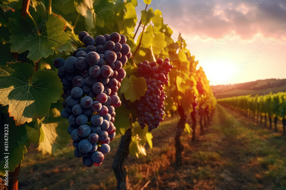 Beautiful grapes on a vine against the setting sun. The concept of viticulture and their processing, beautiful landscape. Generative Ai, Ai. - obrazy, fototapety, plakaty 