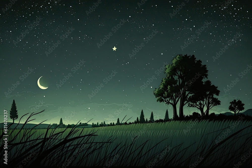 A starry night amid the grasslands. Meadow landscape at night with a starry sky. Generative AI
