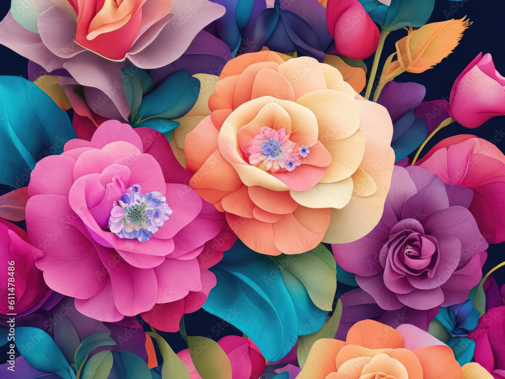 Illustration of large multicolored flowers, a pattern suitable as a complement to the background or as a background. Generative Ai, Ai.