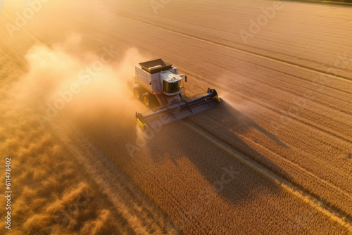 Aerial view of combine harveser in vast wheat field