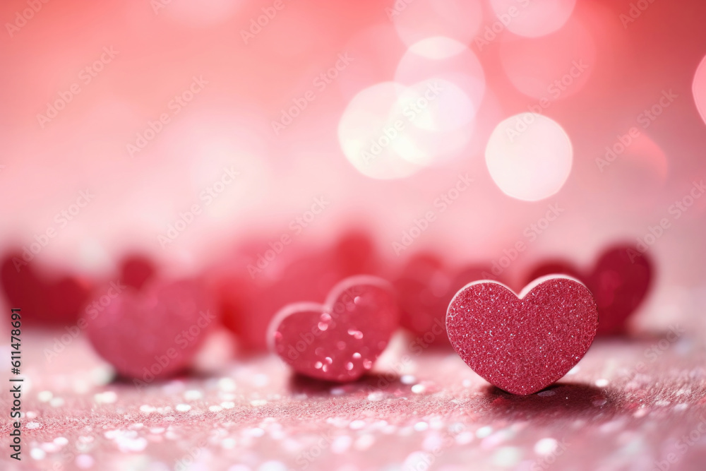 Red Heart Shapes on Pink Glitter Background - Valentine's Day Concept