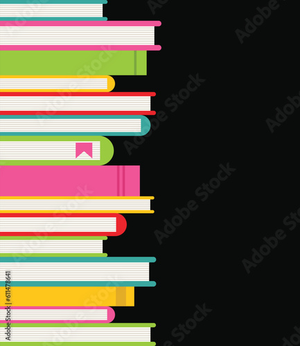 Vector background with colorful books and space for text. Stack of colorful books on black background. 