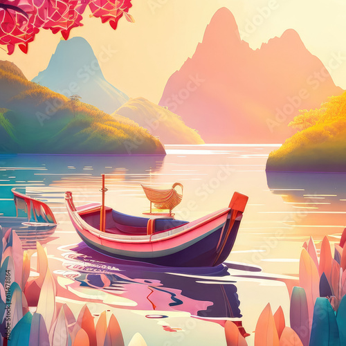 A cute boat in the form of an illustration on a lake in warm pink and red colors. The concept of sailing and spending time by the water. Generative Ai, Ai.