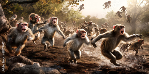 A herd of monkeys run and frolic, playfully kicking up dust - generative ai