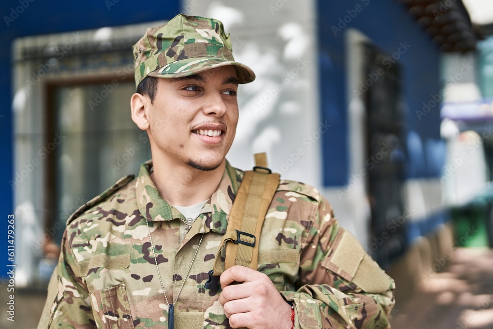 Young man army soldier smiling confident standing at street Young man army soldier smiling confident standing at street