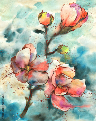 Watercolor fashionable floral print, botanical illustration with the image of a magnolia. © Arina