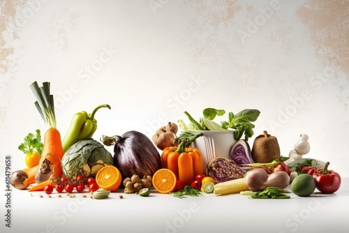 colorful assortment of fresh fruits and vegetables on a wooden table. Generative AI