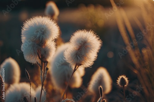 Close-up of blooming fluffy high wild grass in spring or summer in nature under rays of sunlight. Generative AI