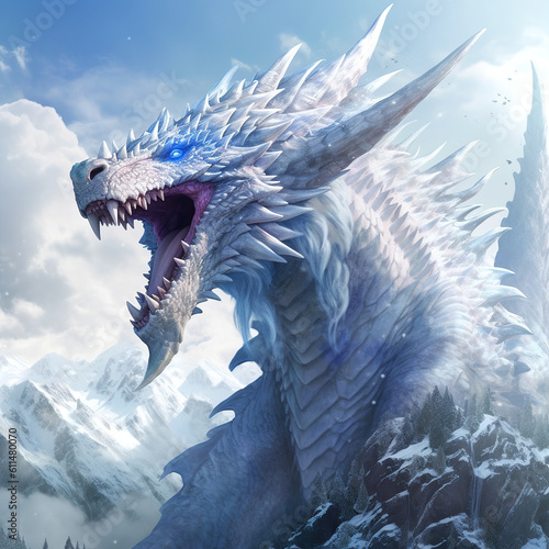 White dragon. Mythology creature. Fantasy illustration on the snowy mountains. Generative AI © innluga