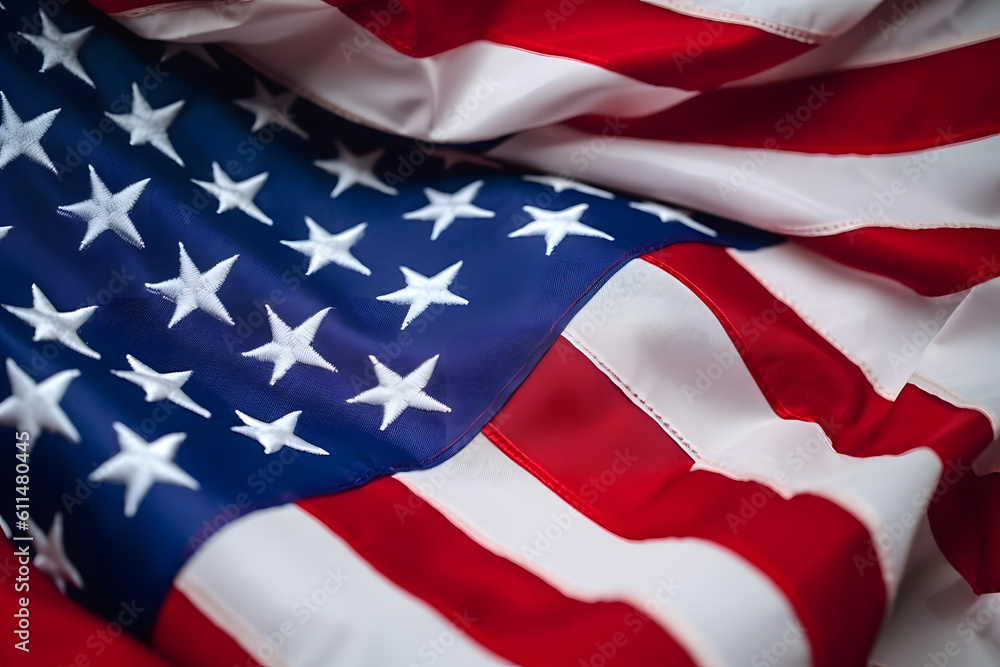 Closeup of United States of America flag, shallow depth of field. USA independence day. Generative AI technology. Closeup of United States of America flag, shallow depth of field. USA independence day. Generative AI technology.