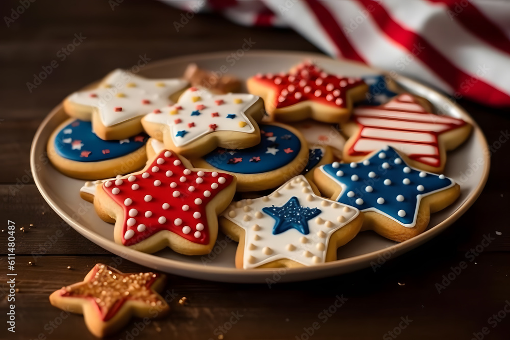 American patriotic cookies in bowl on wooden background, closeup. Independence Day celebration. USA independence day. Generative AI technology.