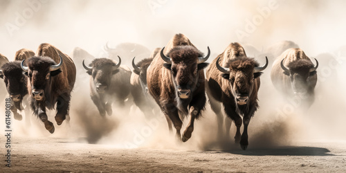 A Herd of bison sprint across the plains, kicking up dust and grass in their wake. - generative ai © Exuberation 